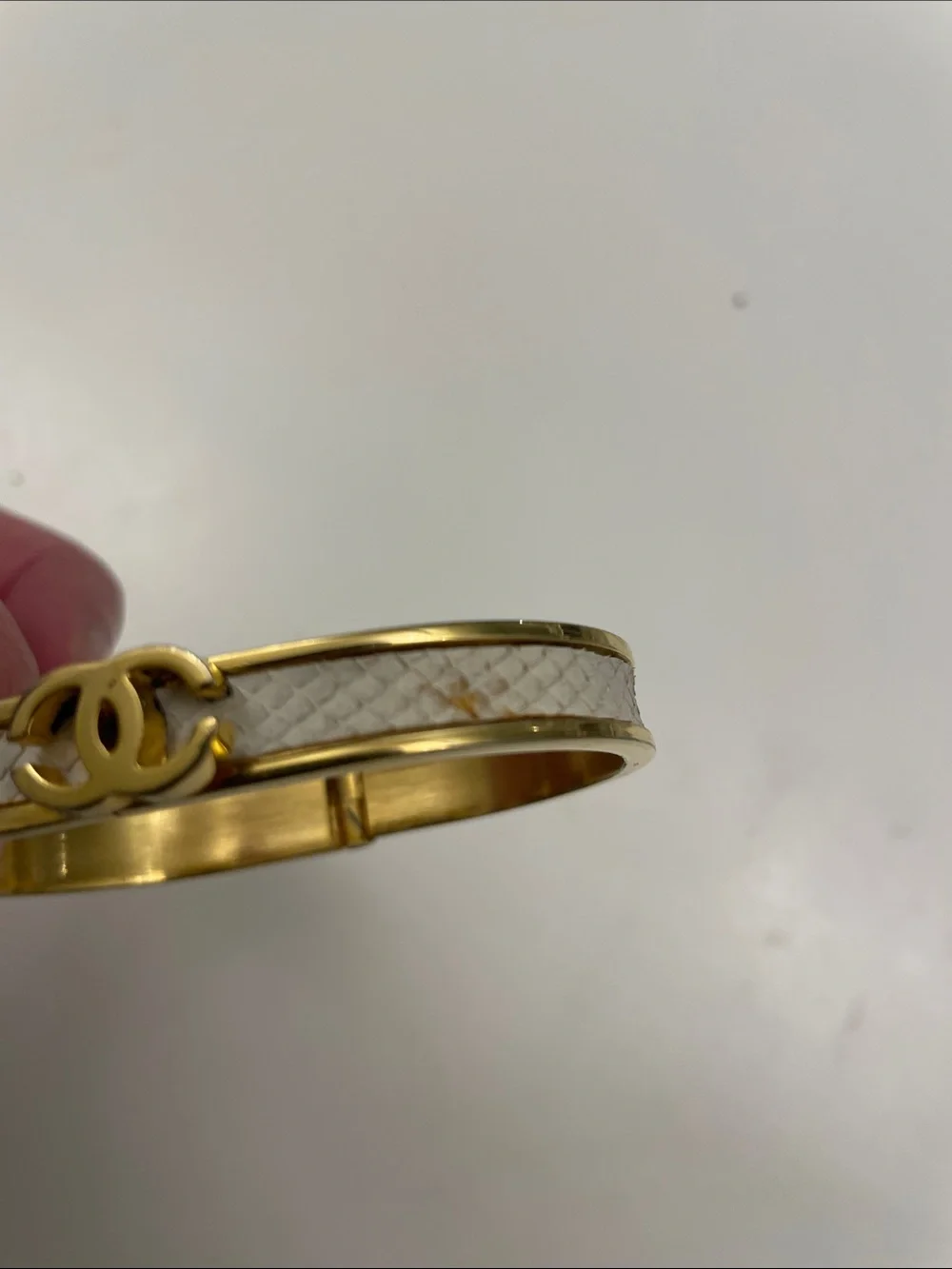 CHANEL vintage Gold and White CC Logo Leather-Trim Bangle Bracelet